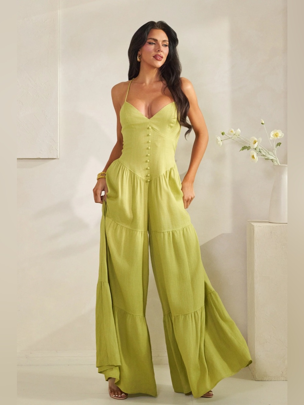 NWT Lime Green Wide-Leg Spaghetti Strap Jumpsuit | Chic Summer Outfit